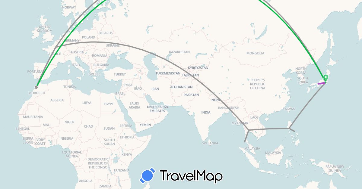 TravelMap itinerary: driving, bus, plane, train in France, Japan, Morocco, Philippines, Thailand (Africa, Asia, Europe)